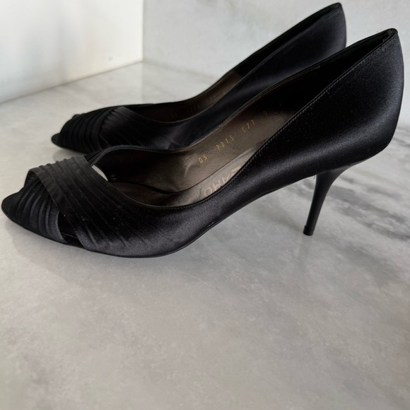 Salvatore Ferragamo Black Satin Pleated Peep-Toe Heels • 9 • NEW - Picture 7 of 11
